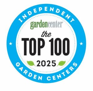 Garden Center-top-100-logo_2025 A blue circular badge reads Independent Garden Centers around the edge and garden center the Top 100 2025 in the center, with two green leaves below the text.