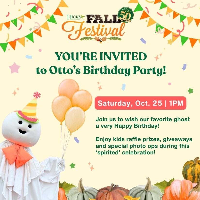 Otto's Birthday Party Invite Invitation for Otto’s Birthday Party at Hicks Fall Festival. Features a friendly ghost with balloons and a party hat, pumpkins, and colorful bunting. Event is Saturday, Oct. 25, 1 PM, with raffle prizes, giveaways, and photo ops.
