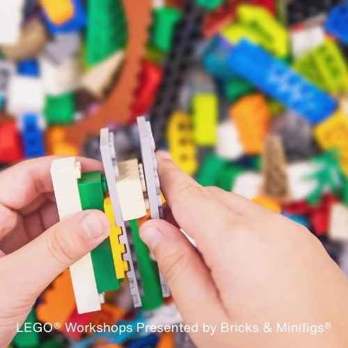 Close-up of hands assembling LEGO bricks with a colorful pile of LEGO pieces in the background. Text reads: “LEGO® Workshops Presented by Bricks & Minifigs®.”.