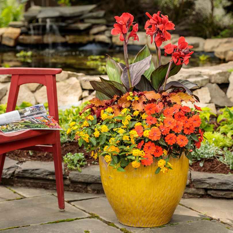 A large yellow planter filled with vibrant red and orange flowers sits on a stone patio near a red chair and a garden pond surrounded by rocks and greenery.