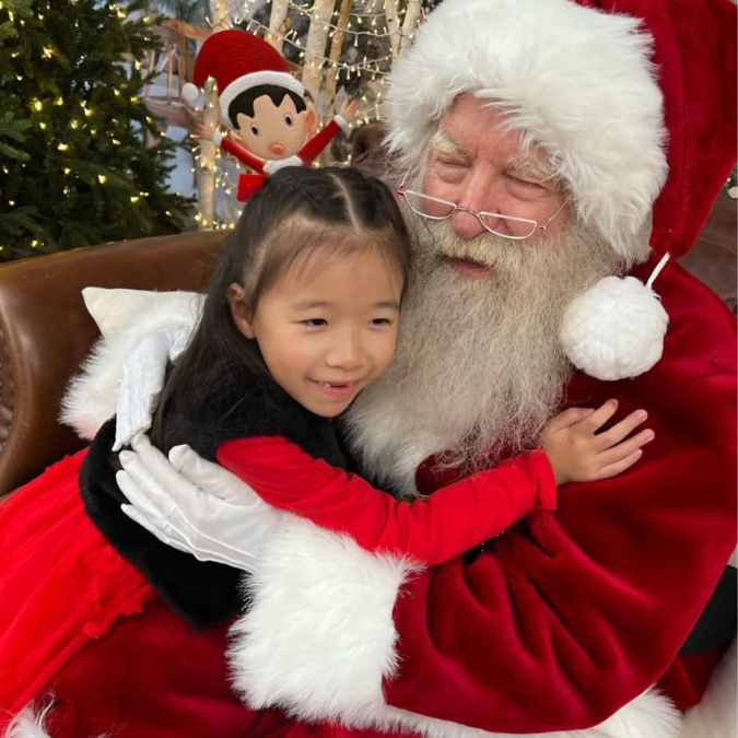 A young girl in a red dress hugs Santa Claus, who is wearing his traditional red suit and white gloves, in front of a decorated Christmas tree and festive background.