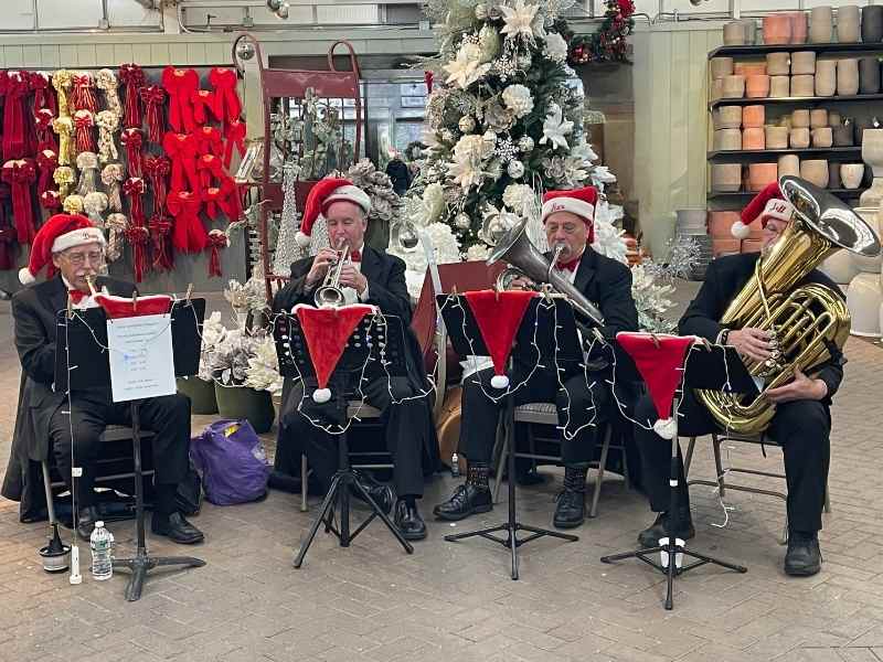Four musicians in Santa hats play brass instruments in front of Christmas decorations, including a white Christmas tree, red ribbons, and potted plants. Their music stands are decorated with festive lights and red fabric.