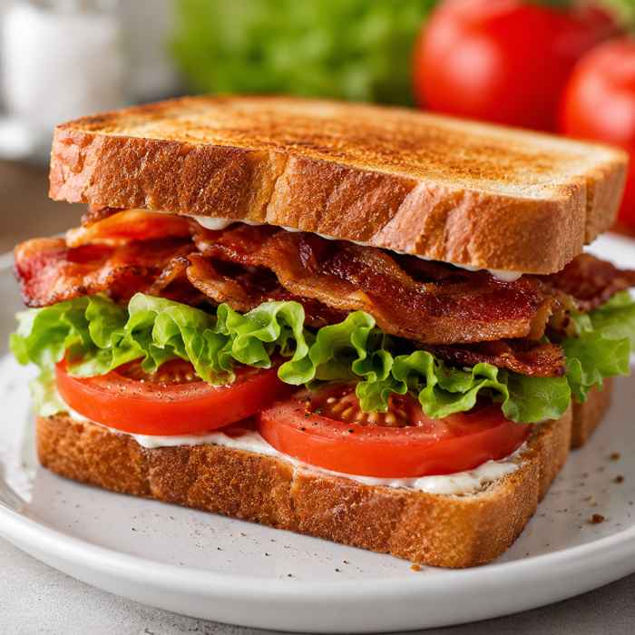 A close-up of a BLT sandwich on toasted bread, layered with crispy bacon, fresh lettuce, sliced tomatoes, and mayonnaise, served on a white plate with tomatoes and lettuce in the background.