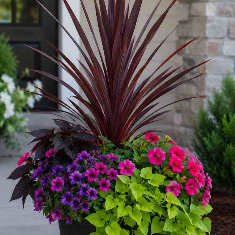 A large planter with tall spiky burgundy leaves in the center, surrounded by vibrant pink and purple flowers and trailing bright green foliage, placed outdoors near a building with stone walls.
