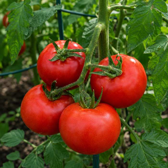 A cluster of four ripe, red tomatoes growing on a vine, surrounded by green leaves in a garden.