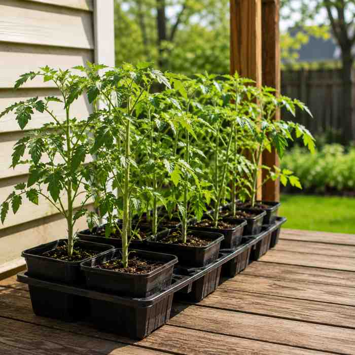 Rows of young tomato plants in black plastic pots sit on a wooden porch, next to the side of a house, with a green yard and trees visible in the background.