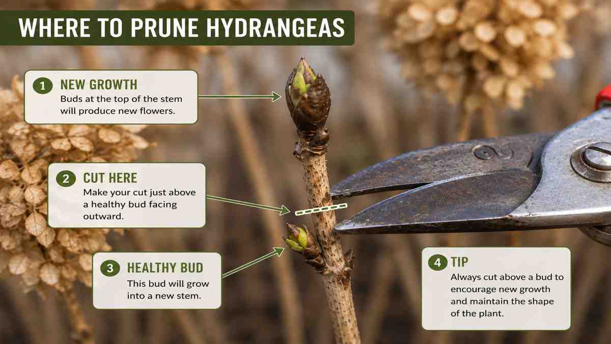 Close-up of pruning shears cutting a hydrangea stem with highlighted buds. Steps for pruning are labeled: identify new growth, cut above a healthy outward bud, and always cut above buds to shape and encourage growth.