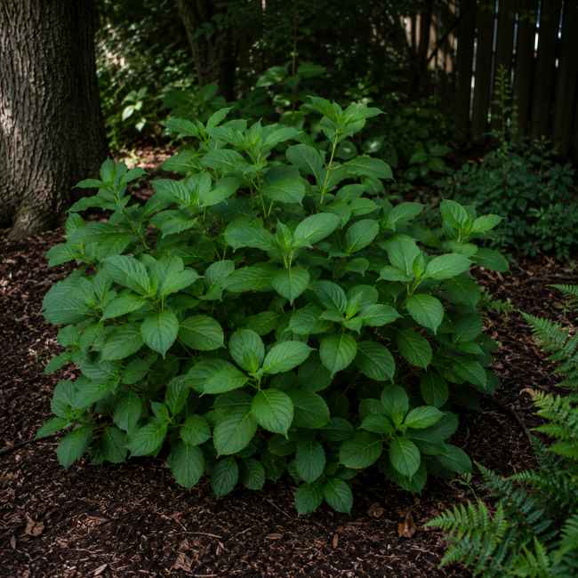 A lush, green shrub with broad leaves growing in a shaded garden area, surrounded by mulch and other plants, with trees and a wooden fence in the background.