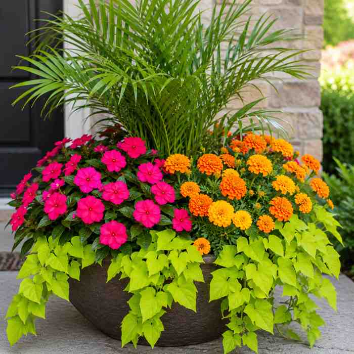 A large outdoor planter filled with tall green palm leaves, bright pink impatiens, vibrant orange marigolds, and cascading lime green sweet potato vine, set against a stone wall and door.