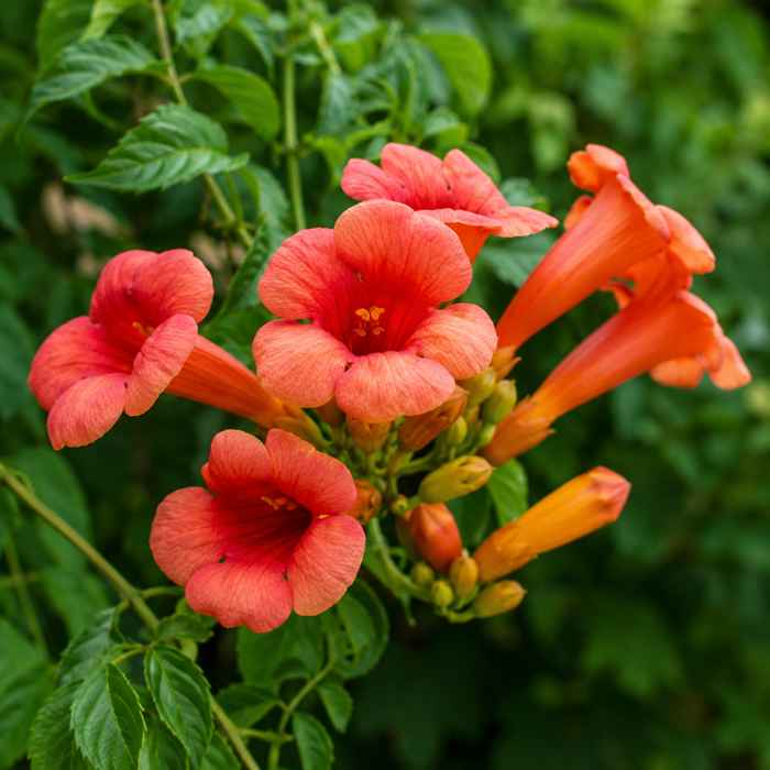 Cluster of vibrant orange trumpet-shaped flowers blooming among green leafy foliage.