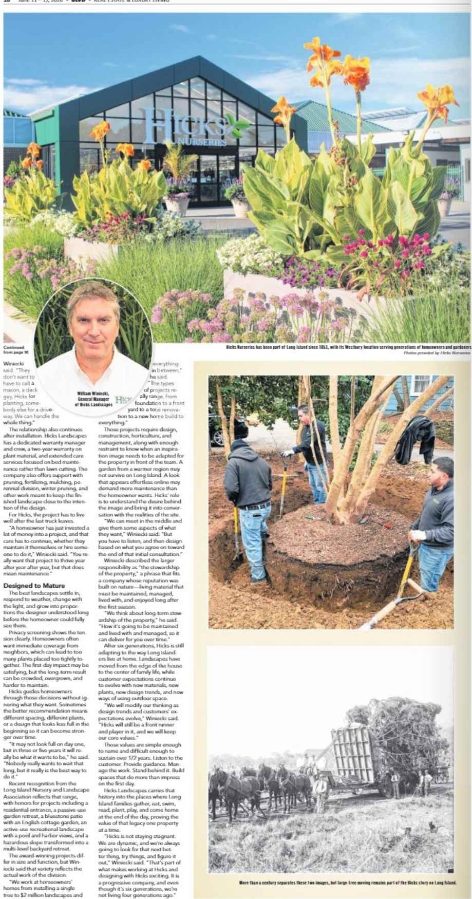 A newspaper page shows a modern garden center, a headshot of a man, workers planting a large tree, and a black-and-white historical photo of workers and horses transporting a large tree.