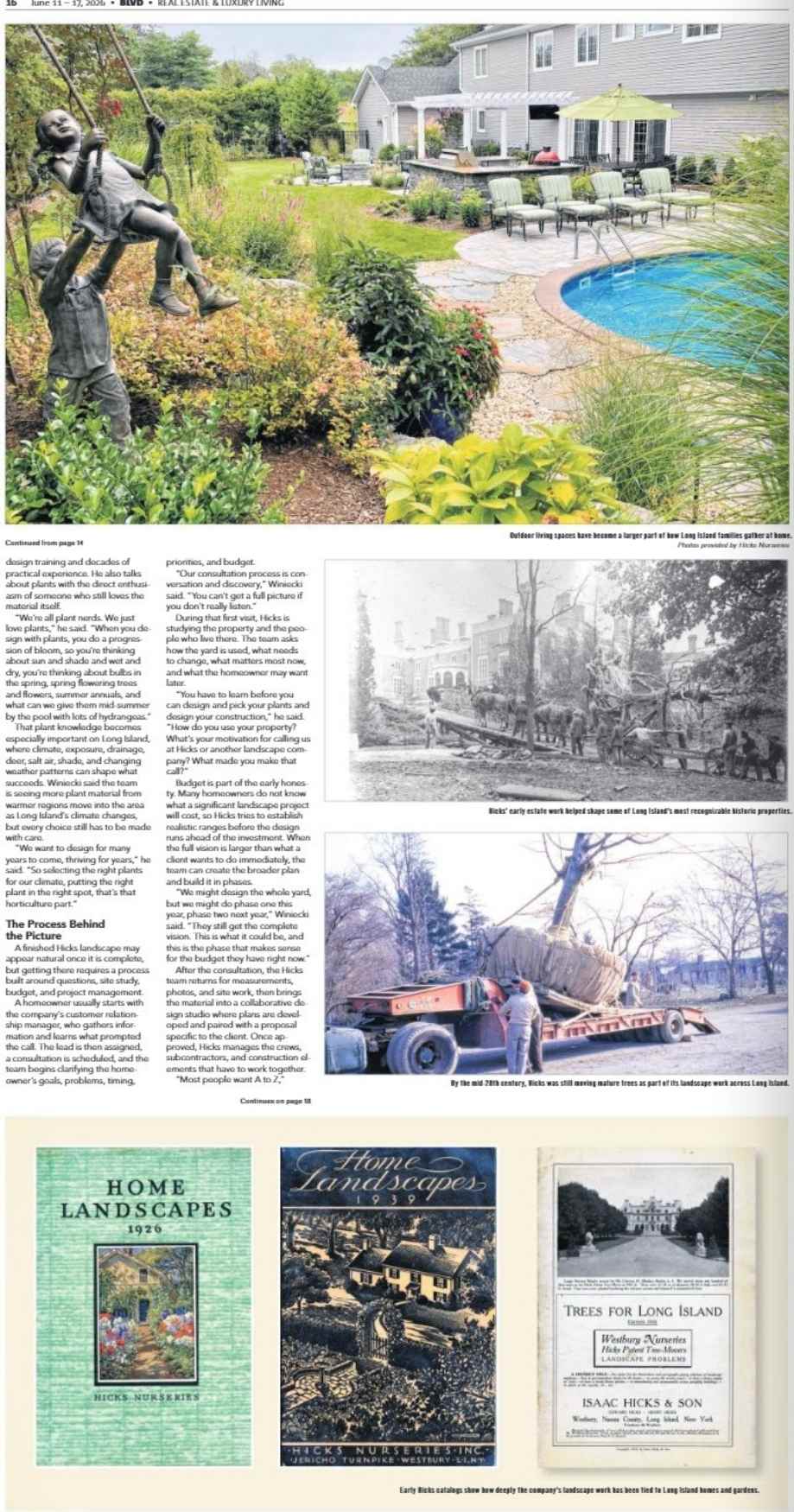 A landscaped backyard with a pool, garden, child statue, and house. Other images show historical tree planting, tree transport, old tree catalogs, and book covers about Long Island landscaping and trees.