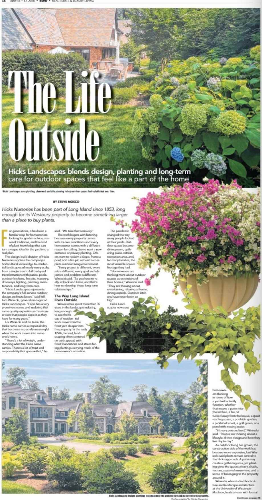 A newspaper page features an article titled The Life Outside, with images of a landscaped garden, a hanging pot of pink and white flowers, and a large home surrounded by lush greenery. Text columns cover landscaping tips.
