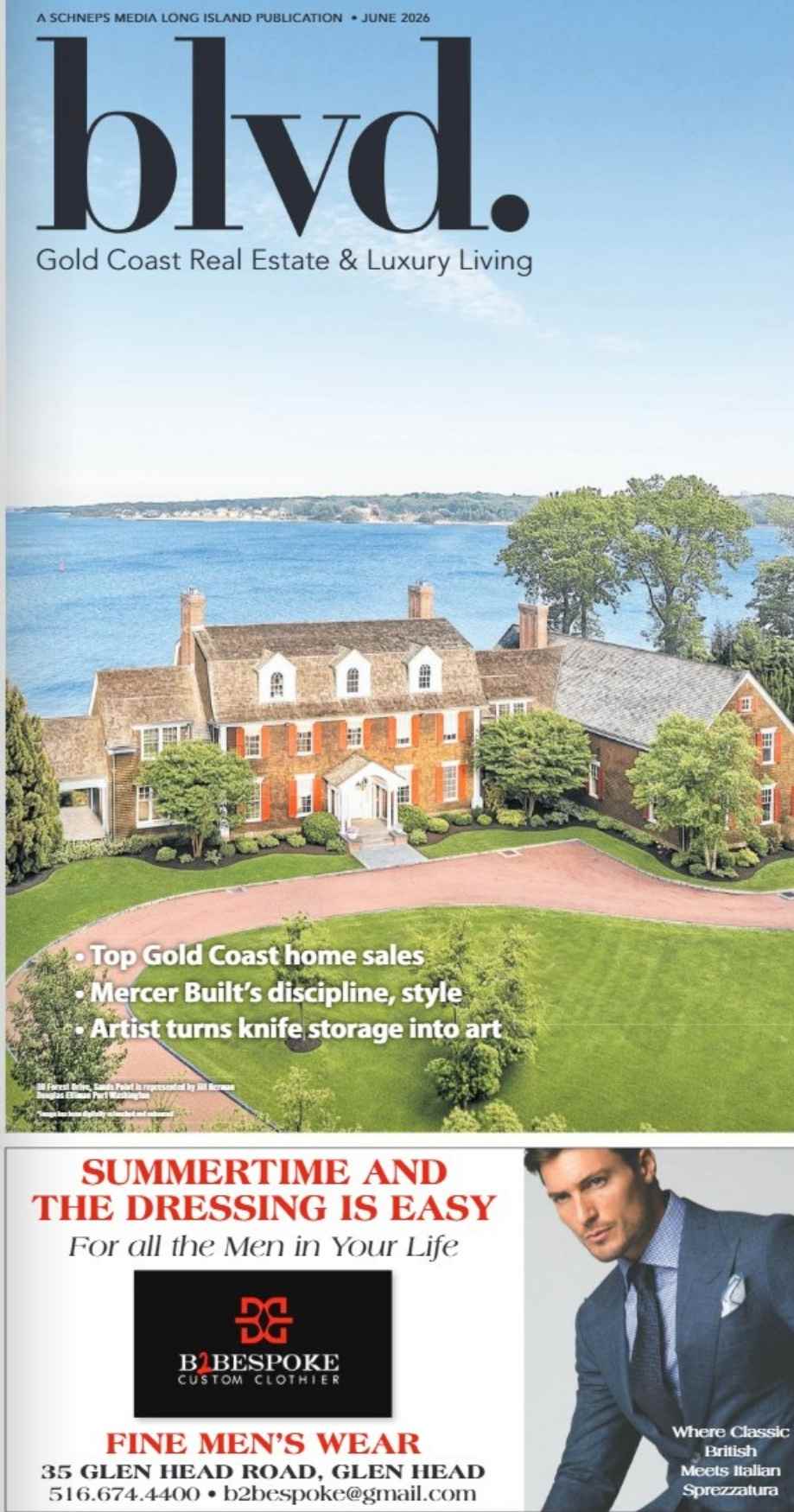 Cover of blvd. magazine featuring a large estate with a brick mansion and manicured lawn overlooking water, article headlines, and an advertisement for fine mens wear with a man in a blue suit at the bottom.